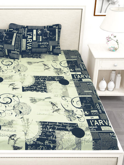 Story@home Blue & Off White Conversational King Bedsheet with 2 Pillow Covers