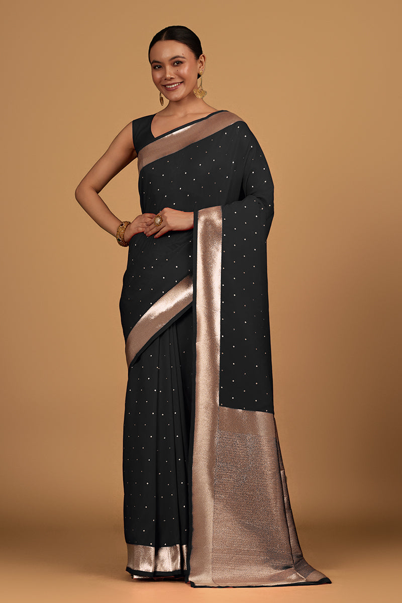 Monjolika Fashion Black Color Elegant Banarasi Silk SareeWith Gold Zari Weaving Work