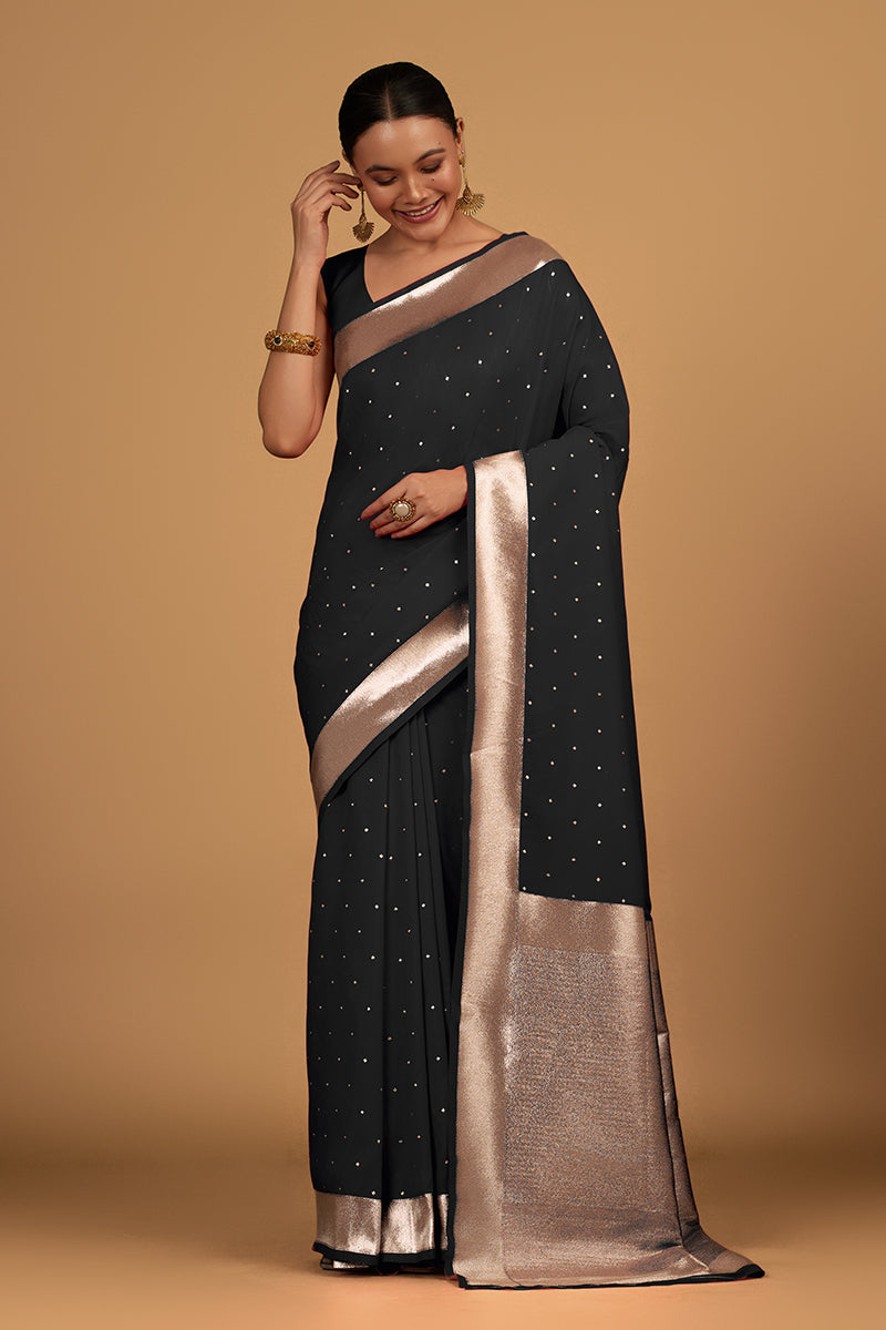 Monjolika Fashion Black Color Elegant Banarasi Silk SareeWith Gold Zari Weaving Work