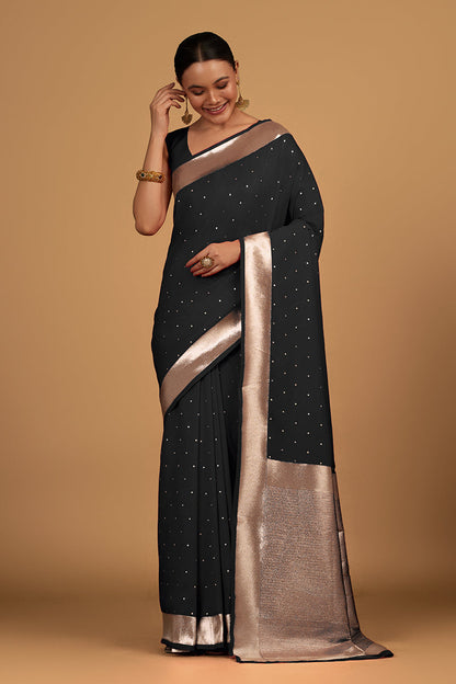 Monjolika Fashion Black Color Elegant Banarasi Silk SareeWith Gold Zari Weaving Work