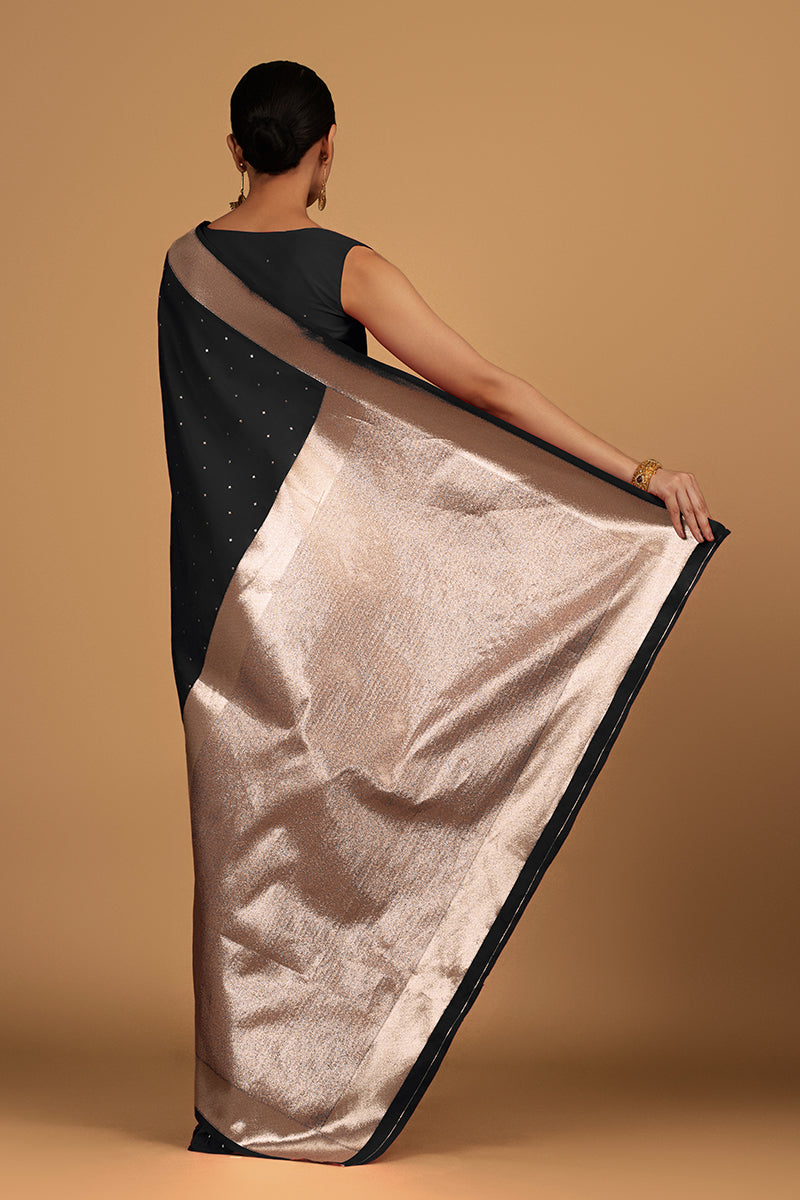 Monjolika Fashion Black Color Elegant Banarasi Silk SareeWith Gold Zari Weaving Work