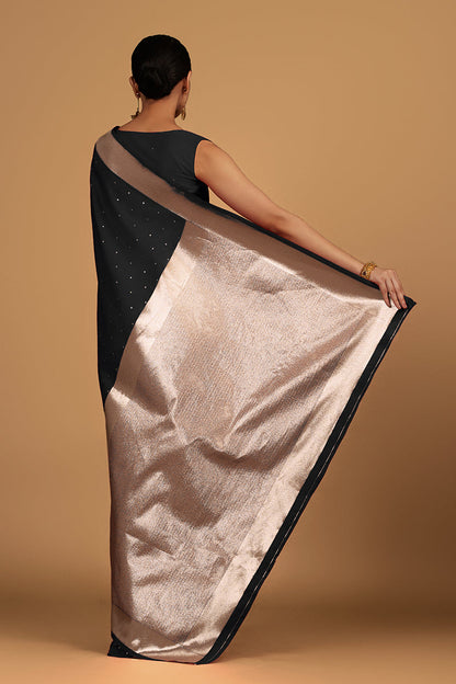 Monjolika Fashion Black Color Elegant Banarasi Silk SareeWith Gold Zari Weaving Work
