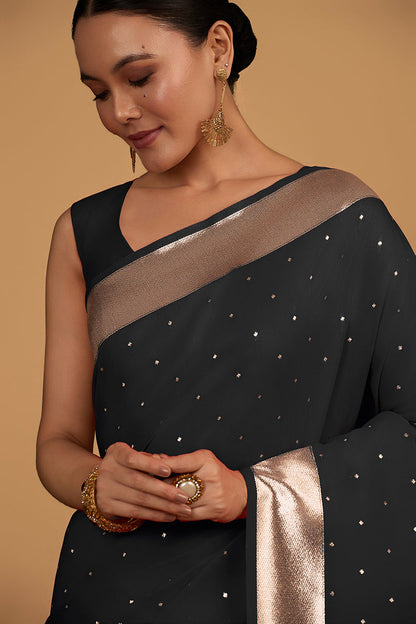 Monjolika Fashion Black Color Elegant Banarasi Silk SareeWith Gold Zari Weaving Work
