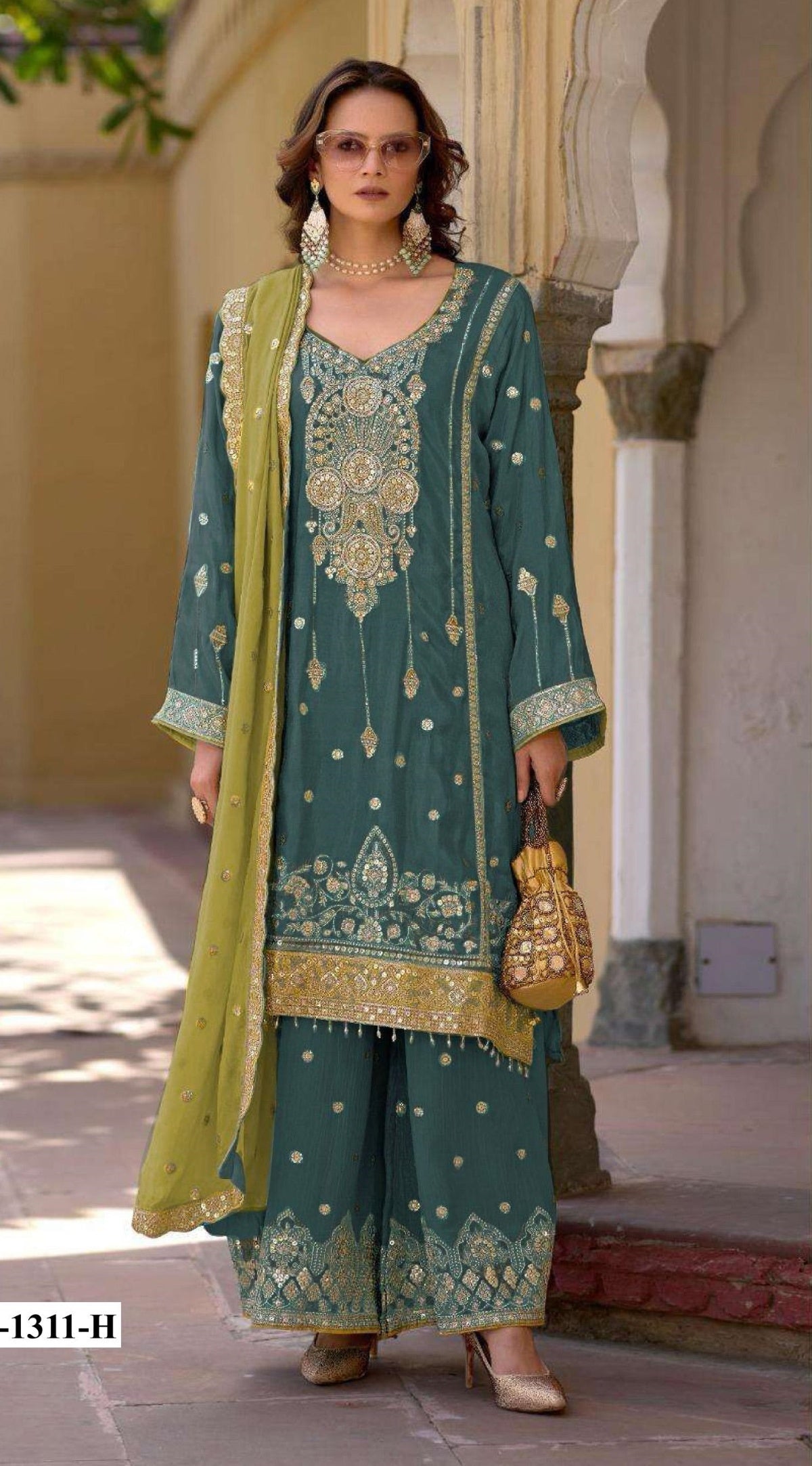 Anaita Teal Green Heavy Chinon Suit With Embroidery Bits Work
