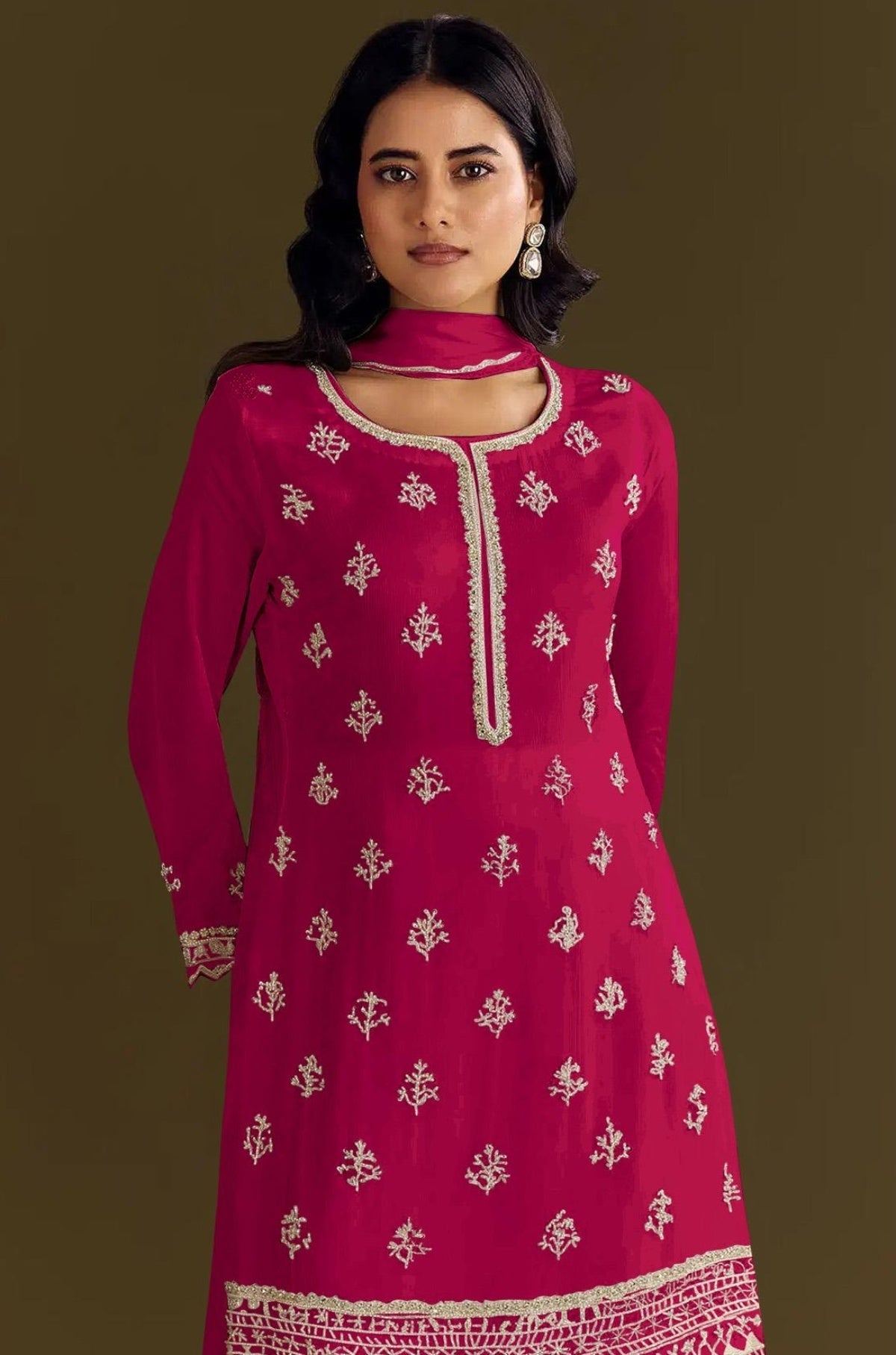 Anaita Red Heavy Chinon Suit With Embroidery Bits Work