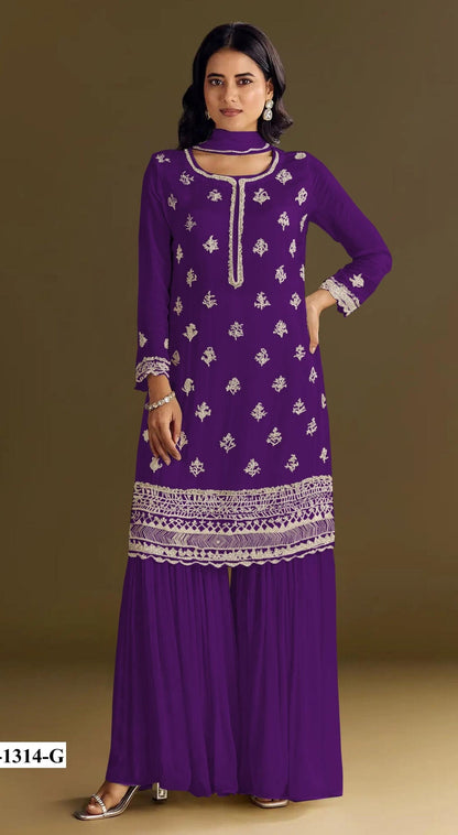 Anaita Violet Heavy Chinon Suit With Embroidery Bits Work