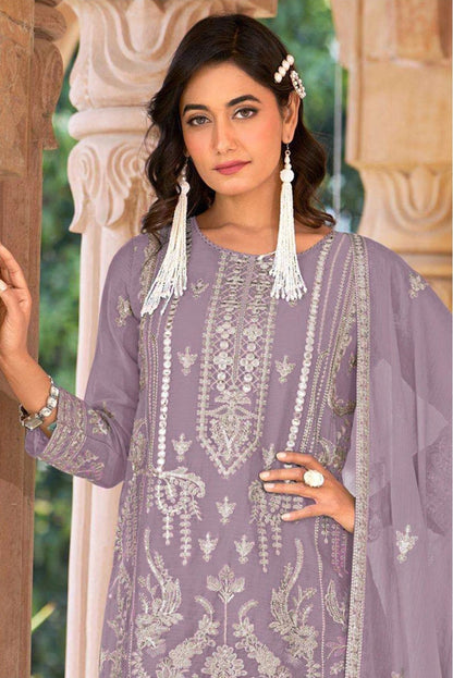 Anaita Lavender Nylon Organza Suit With Embroidery & Mirror Work