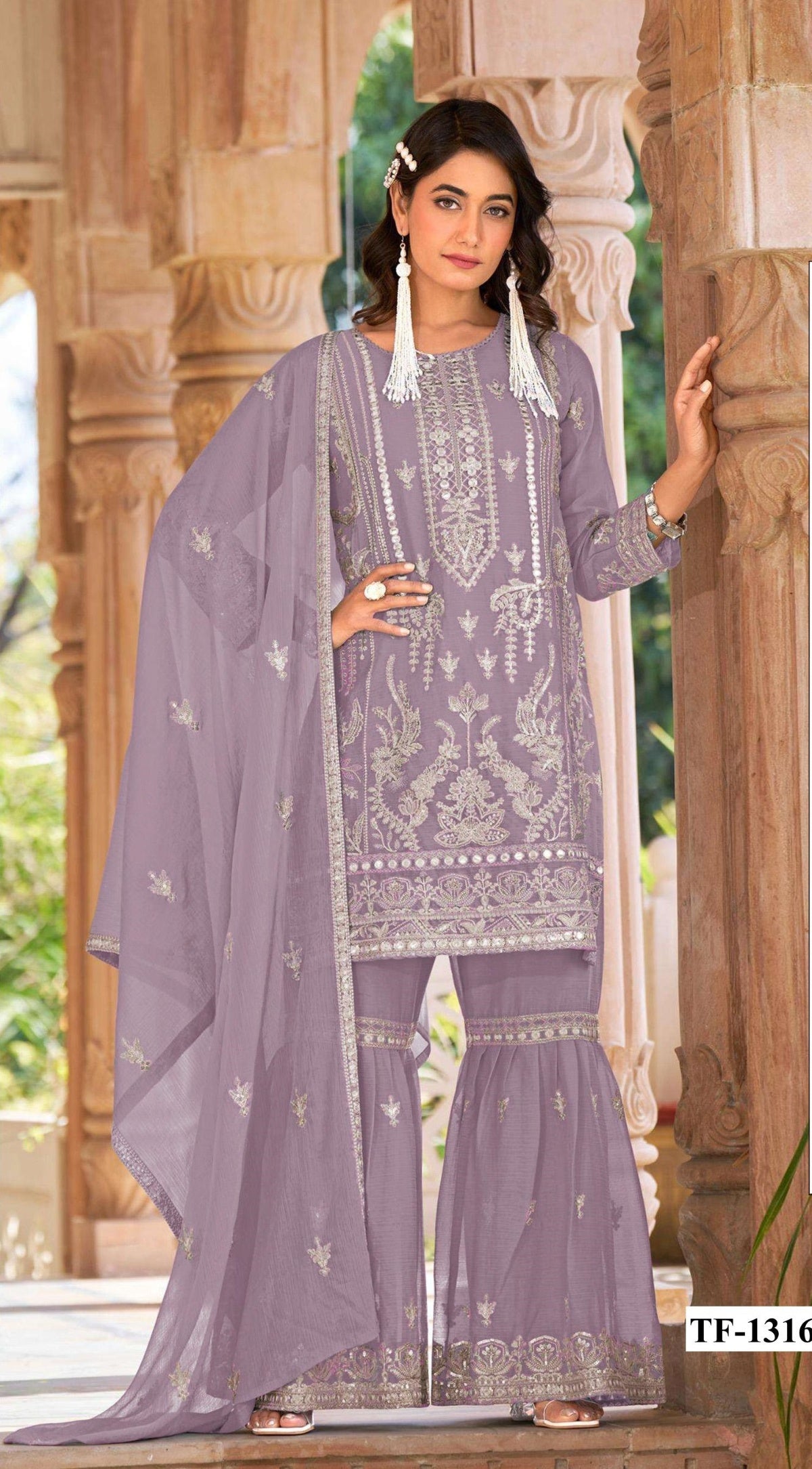 Anaita Lavender Nylon Organza Suit With Embroidery & Mirror Work