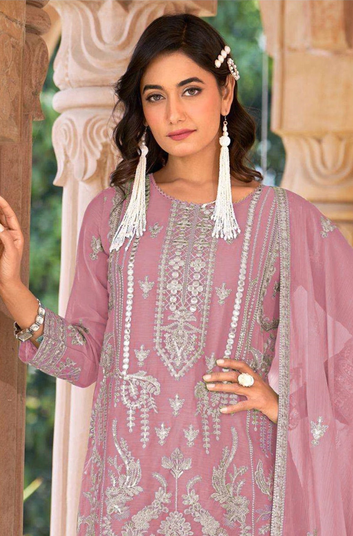 Anaita Pink Nylon Organza Suit With Embroidery & Mirror Work