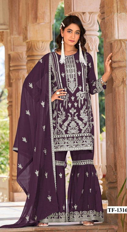 Anaita Purple Nylon Organza Suit With Embroidery & Mirror Work