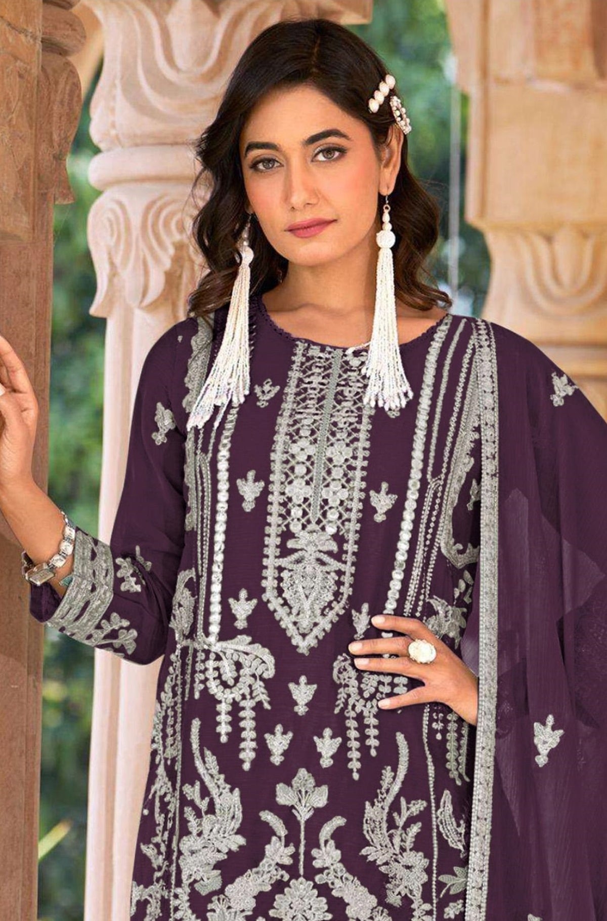 Anaita Purple Nylon Organza Suit With Embroidery & Mirror Work