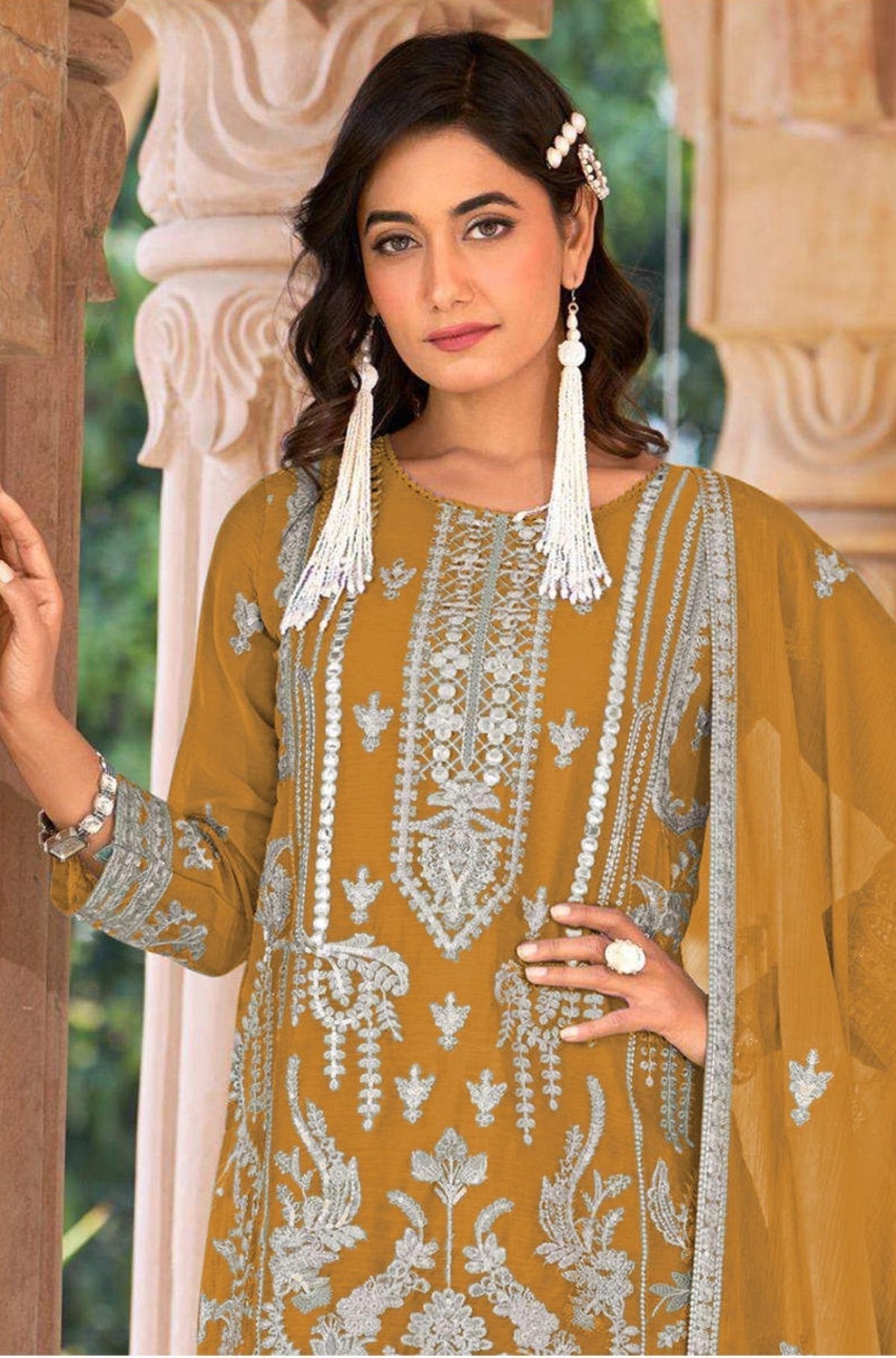 Anaita Gold Nylon Organza Suit With Embroidery & Mirror Work