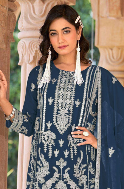 Anaita Navy Blue Nylon Organza Suit With Embroidery & Mirror Work