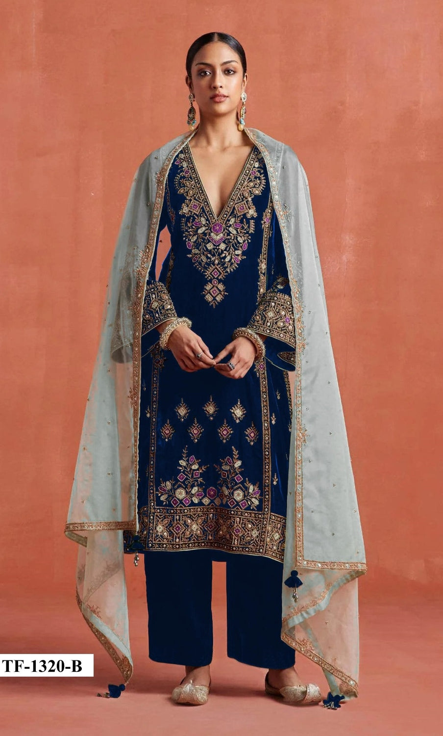Anaita Navy Heavy Velvet Suit With Embroidery Work