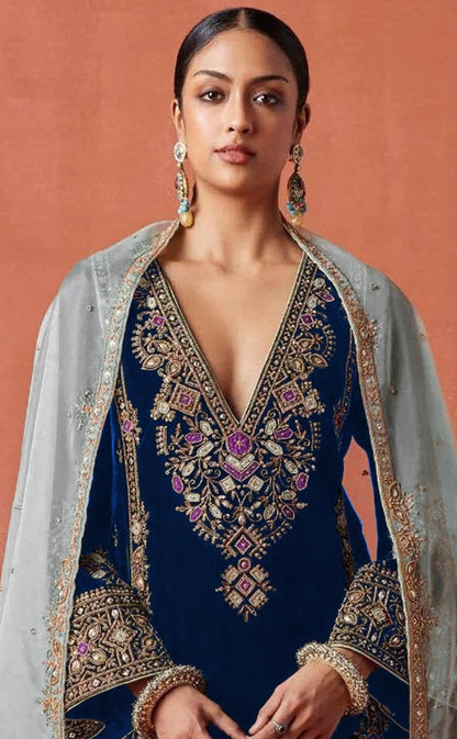 Anaita Navy Heavy Velvet Suit With Embroidery Work