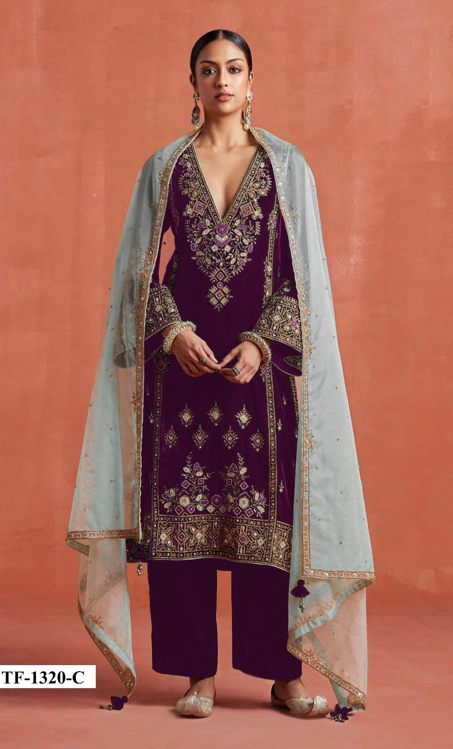 Anaita Maroon Heavy Velvet Suit With Embroidery Work