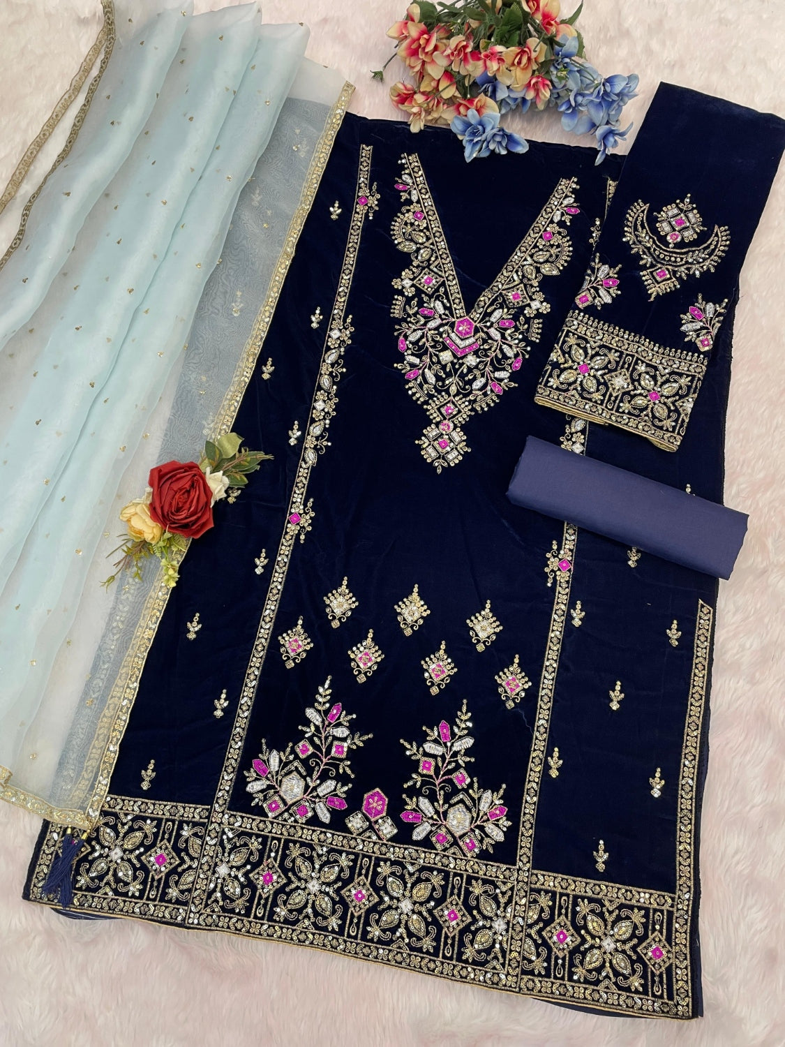 Anaita Teal Heavy Velvet Suit With Embroidery Work