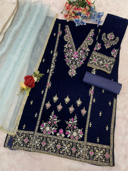 Anaita Teal Heavy Velvet Suit With Embroidery Work