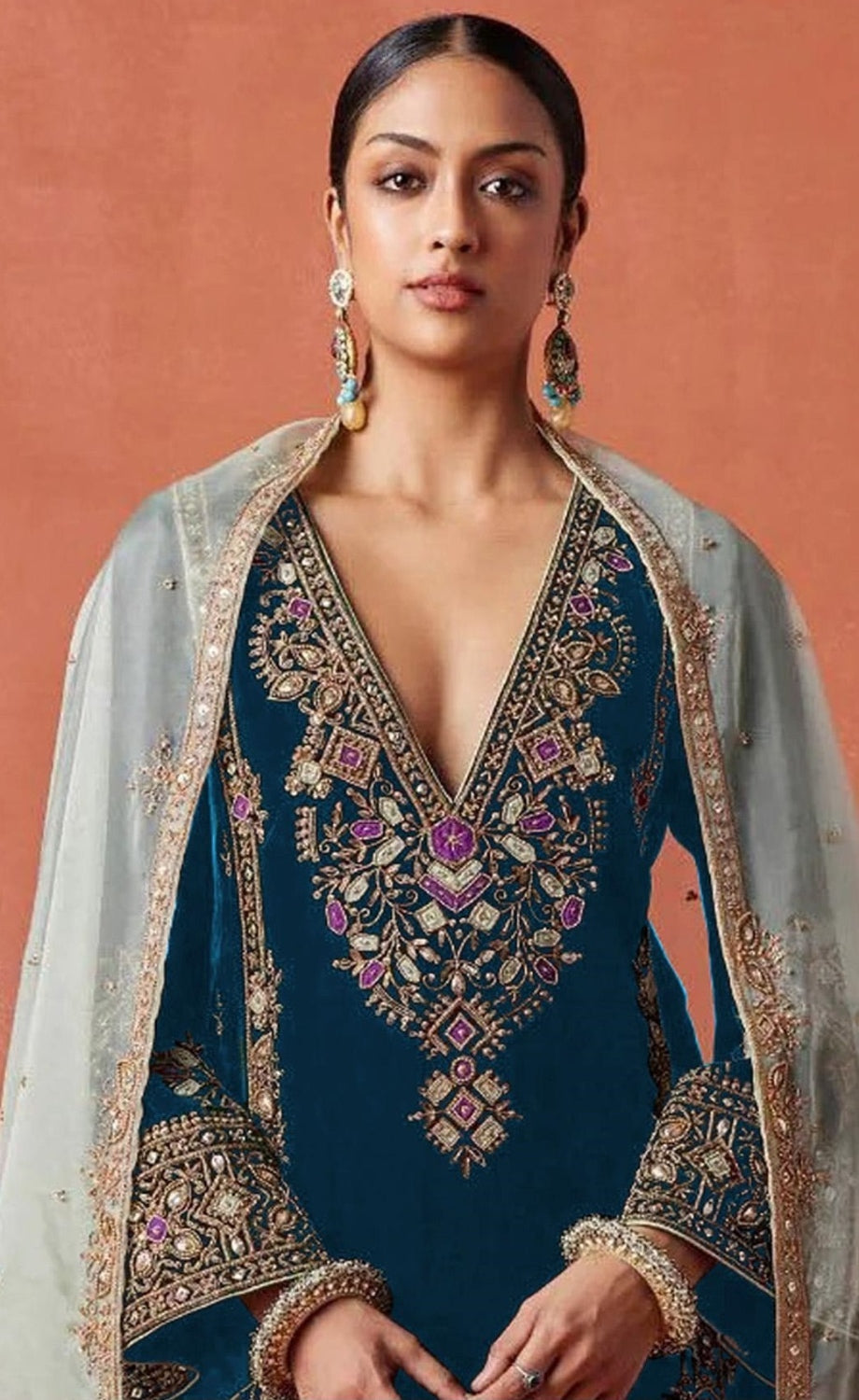 Anaita Teal Heavy Velvet Suit With Embroidery Work