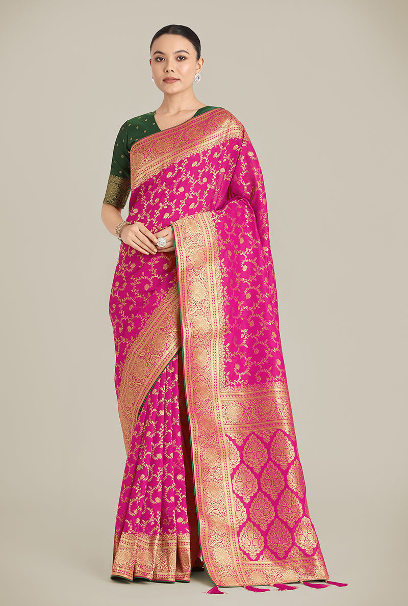 Monjolika Fashion Rani Pink Color Banarasi Silk Wedding Collection Saree