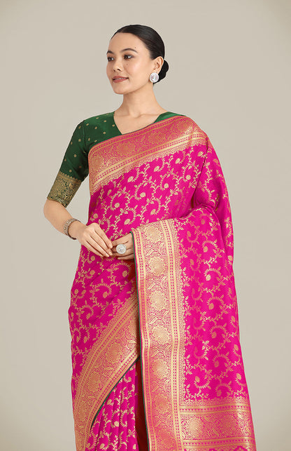 Monjolika Fashion Rani Pink Color Banarasi Silk Wedding Collection Saree