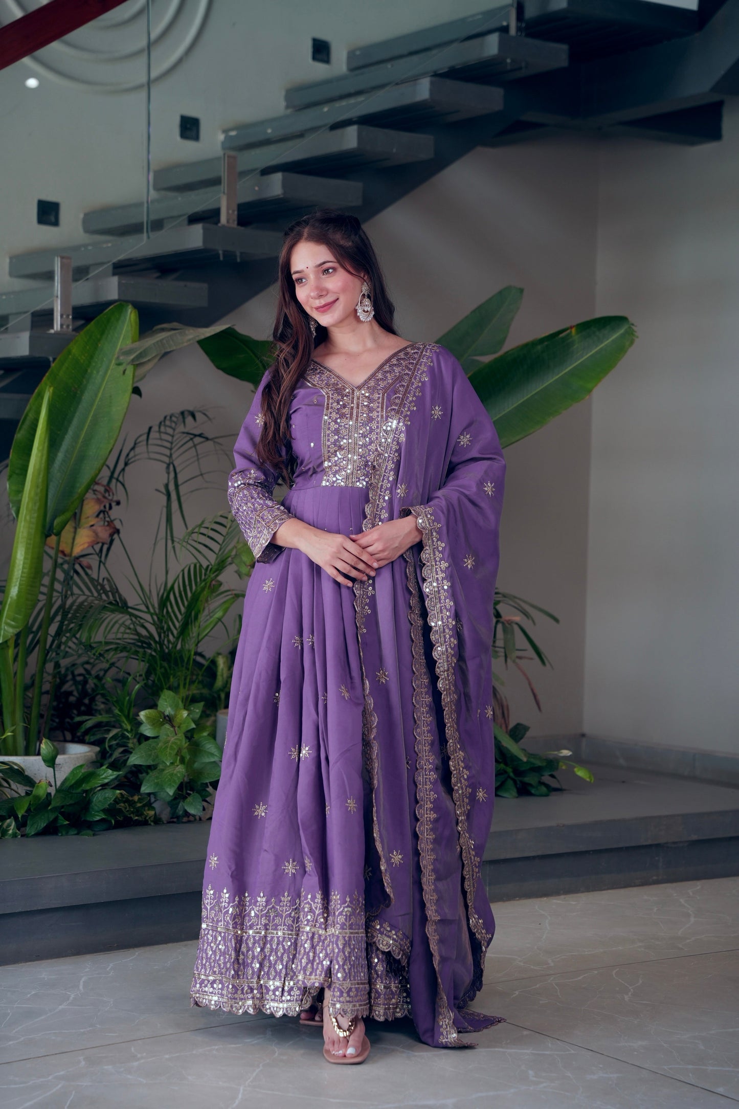 Lorenvalley Fashion Lavender Shimmer Silk Embroidery Sequins Work Anarkali Gown with Dupatta