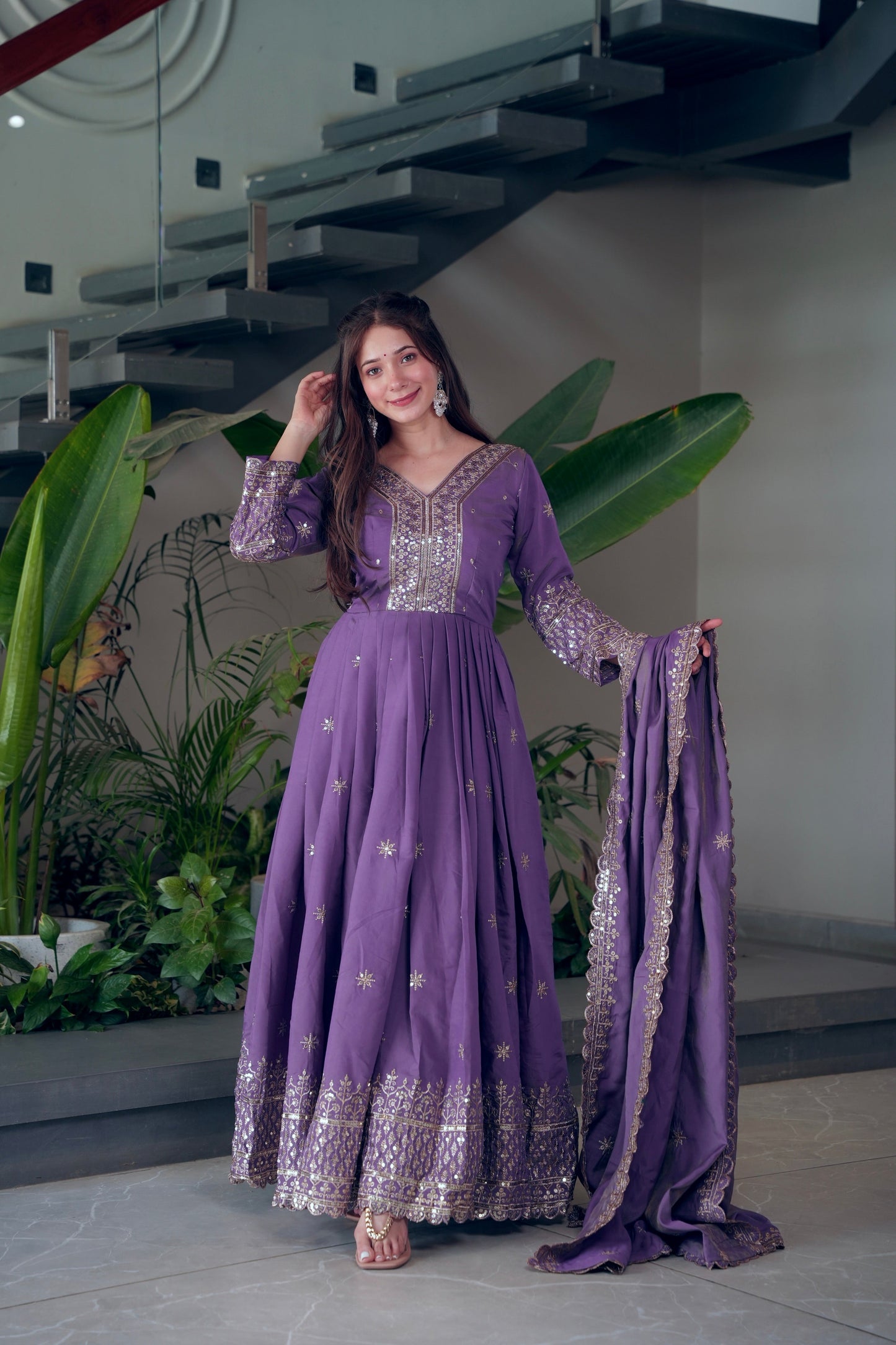 Lorenvalley Fashion Lavender Shimmer Silk Embroidery Sequins Work Anarkali Gown with Dupatta