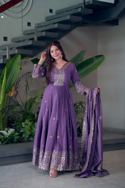 Lorenvalley Fashion Lavender Shimmer Silk Embroidery Sequins Work Anarkali Gown with Dupatta