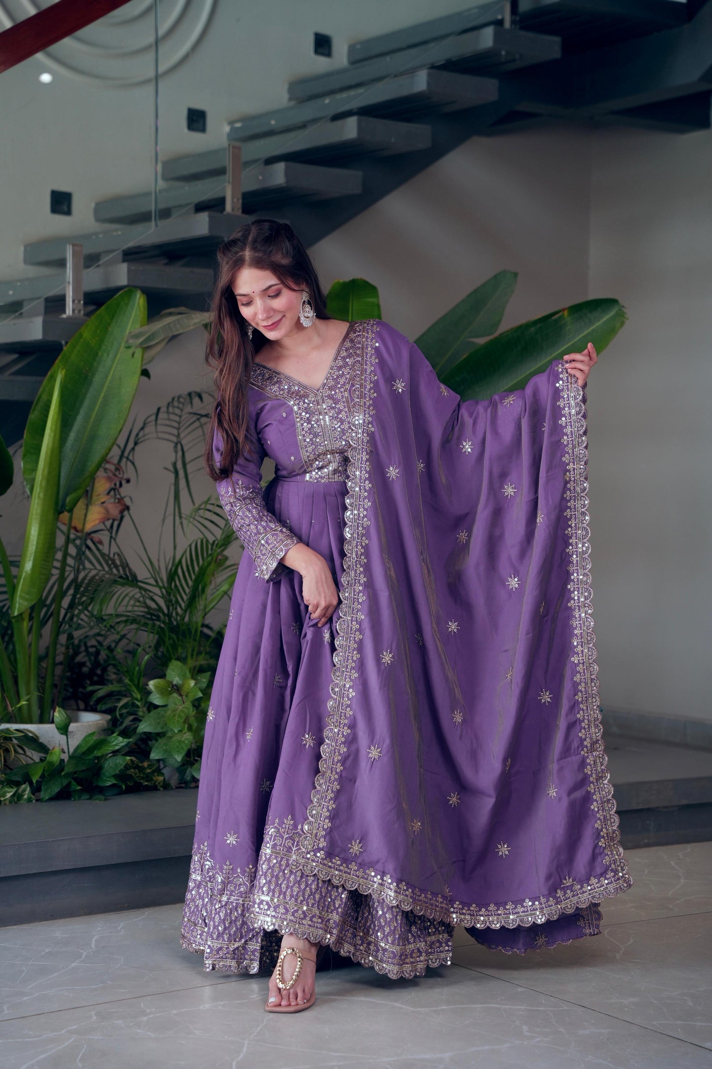 Lorenvalley Fashion Lavender Shimmer Silk Embroidery Sequins Work Anarkali Gown with Dupatta