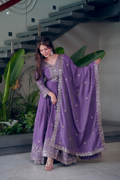 Lorenvalley Fashion Lavender Shimmer Silk Embroidery Sequins Work Anarkali Gown with Dupatta