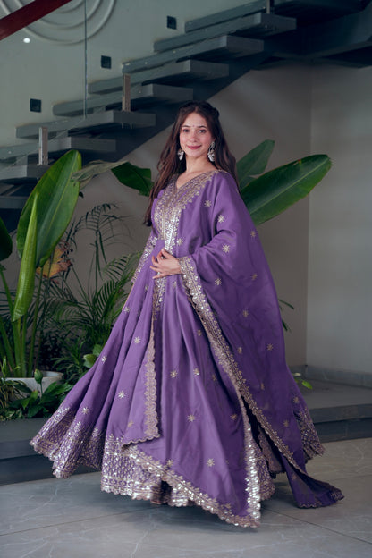 Lorenvalley Fashion Lavender Shimmer Silk Embroidery Sequins Work Anarkali Gown with Dupatta