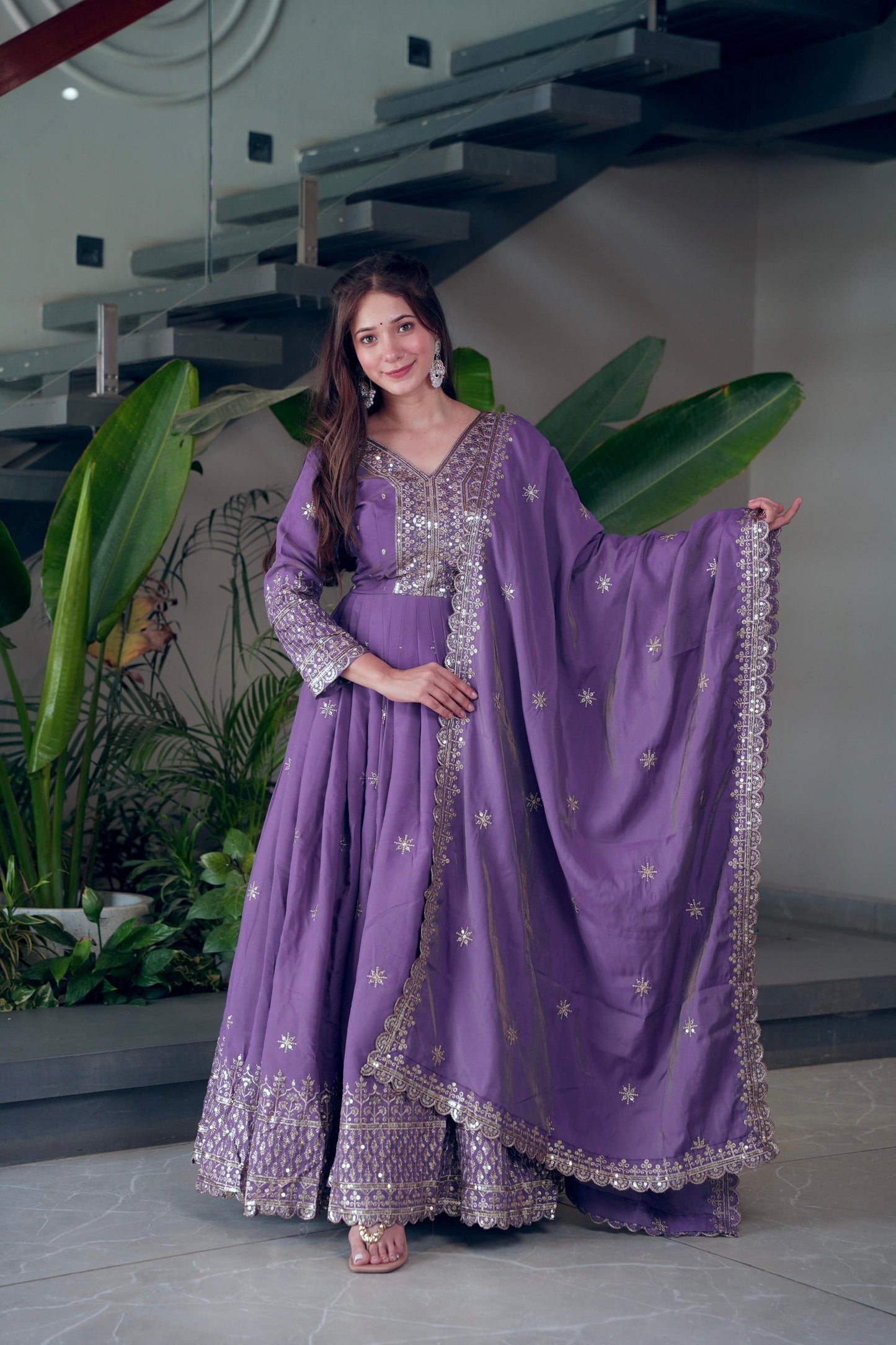 Lorenvalley Fashion Lavender Shimmer Silk Embroidery Sequins Work Anarkali Gown with Dupatta