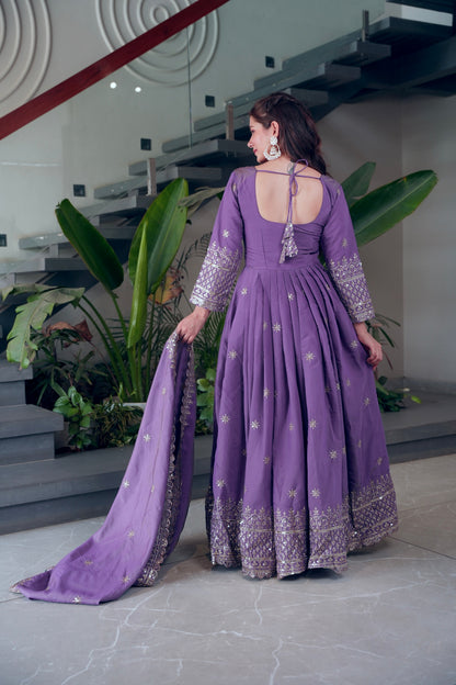 Lorenvalley Fashion Lavender Shimmer Silk Embroidery Sequins Work Anarkali Gown with Dupatta