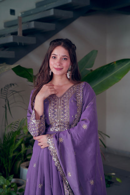 Lorenvalley Fashion Lavender Shimmer Silk Embroidery Sequins Work Anarkali Gown with Dupatta