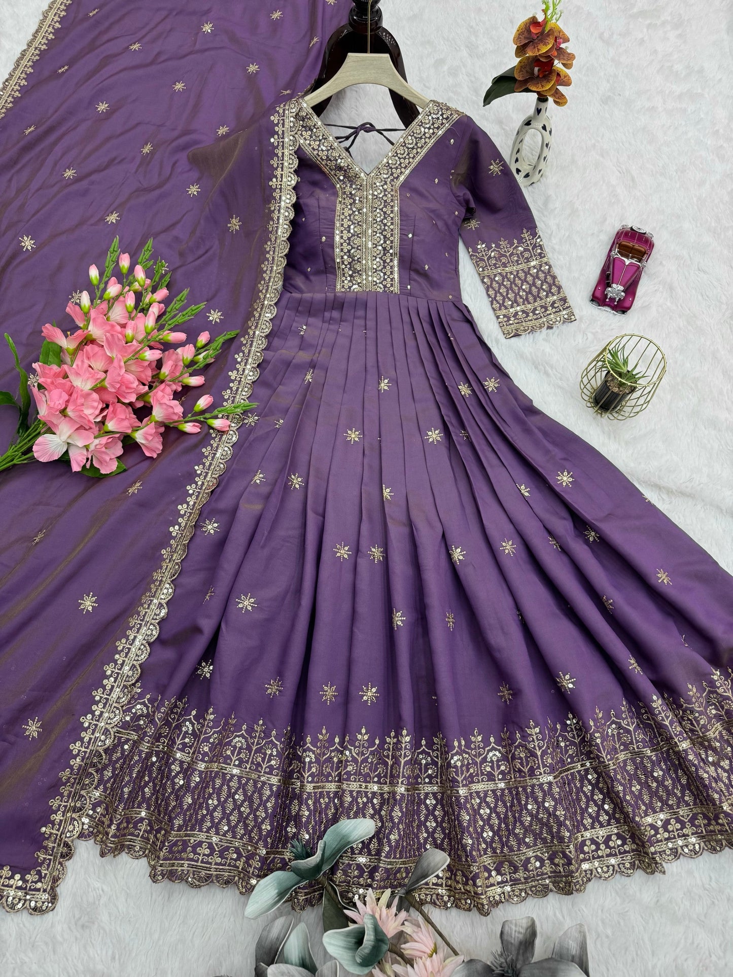 Lorenvalley Fashion Lavender Shimmer Silk Embroidery Sequins Work Anarkali Gown with Dupatta