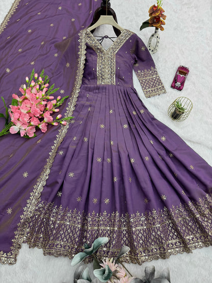 Lorenvalley Fashion Lavender Shimmer Silk Embroidery Sequins Work Anarkali Gown with Dupatta