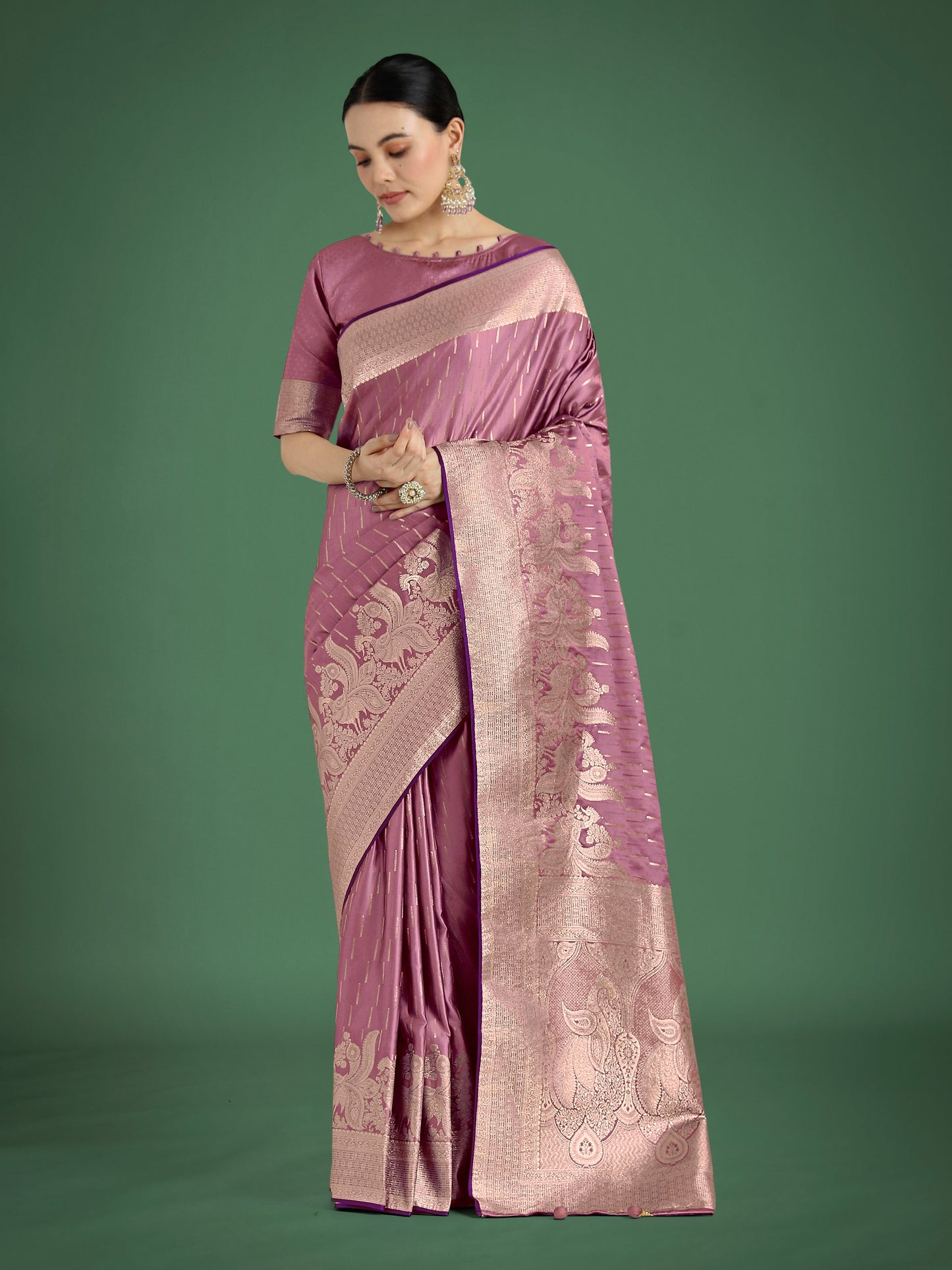 Monjolika Fashion Dusty Rose Pink Weaving Banarasi Satin Silk Trendy Saree For Festival