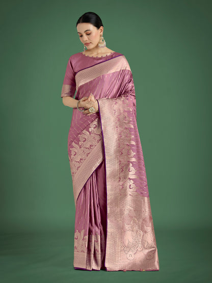 Monjolika Fashion Dusty Rose Pink Weaving Banarasi Satin Silk Trendy Saree For Festival