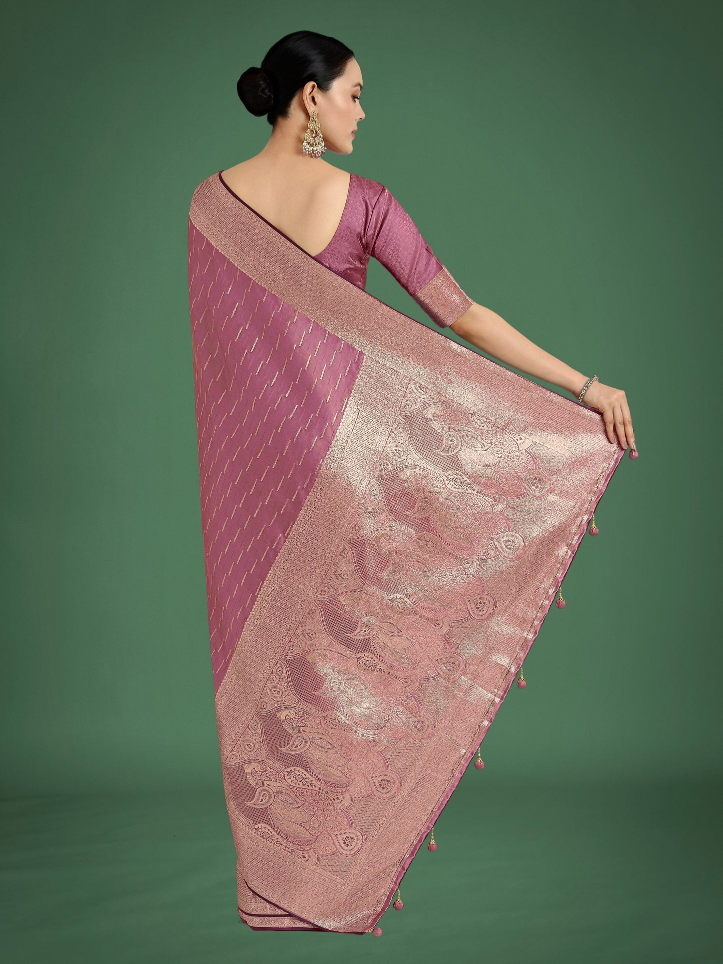 Monjolika Fashion Dusty Rose Pink Weaving Banarasi Satin Silk Trendy Saree For Festival