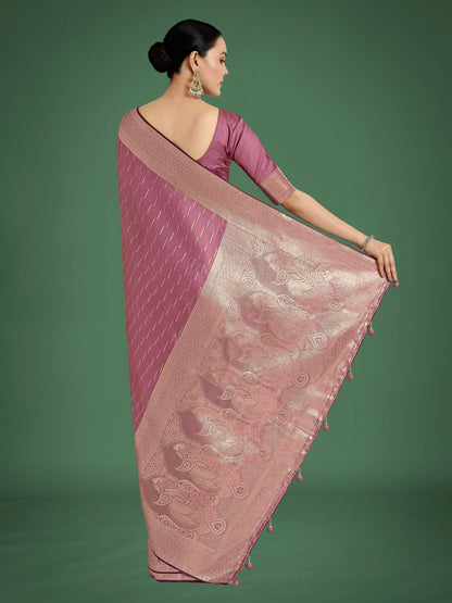 Monjolika Fashion Dusty Rose Pink Weaving Banarasi Satin Silk Trendy Saree For Festival