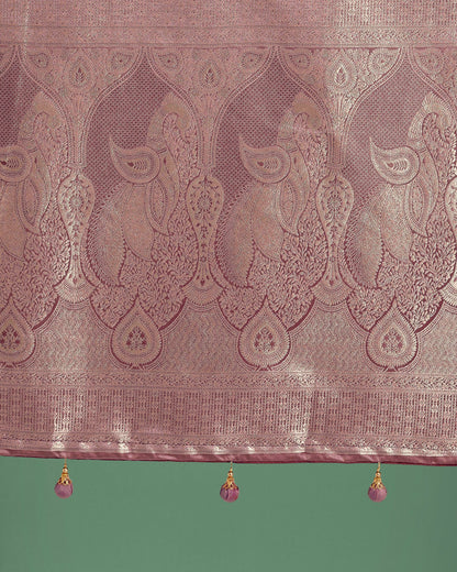 Monjolika Fashion Dusty Rose Pink Weaving Banarasi Satin Silk Trendy Saree For Festival