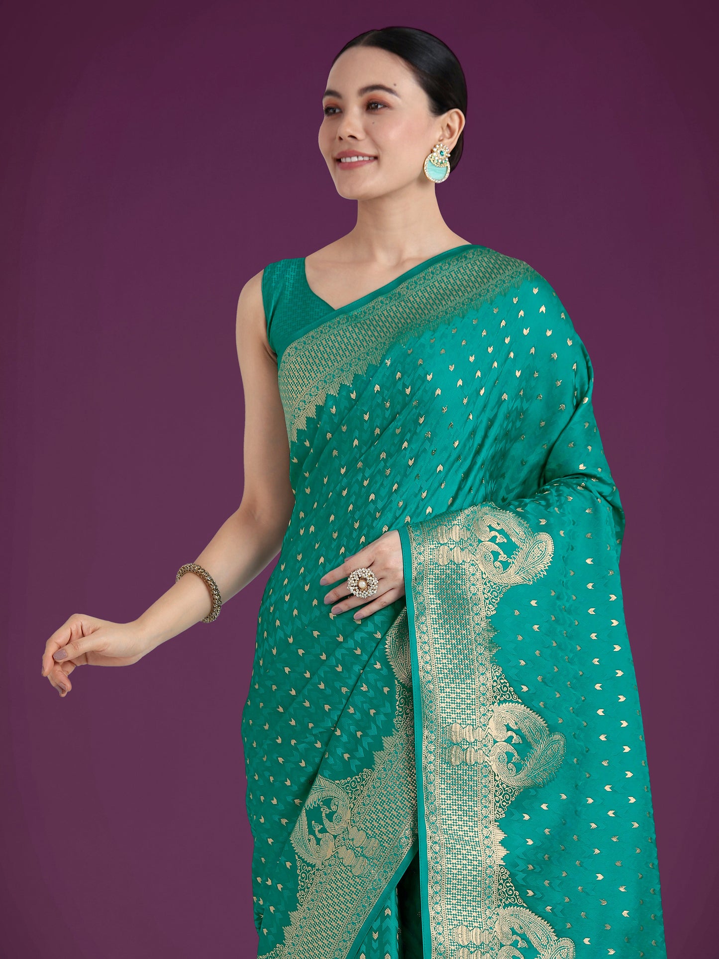 Monjolika Fashion Gorgeous Turquoise Woven Banarasi Satin Designer Silk Saree