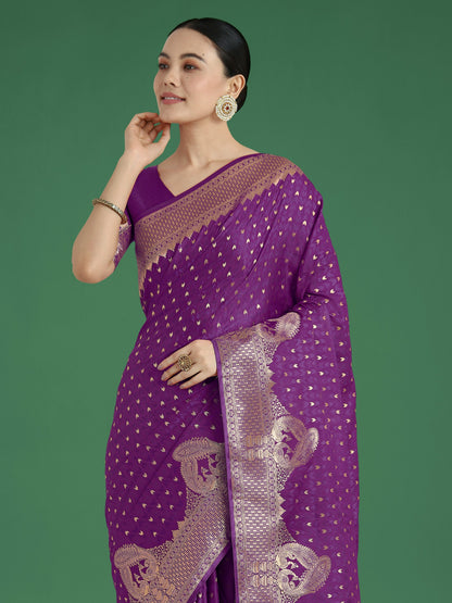 Monjolika Fashion Gorgeous Purple Woven Banarasi Satin Designer Silk Saree