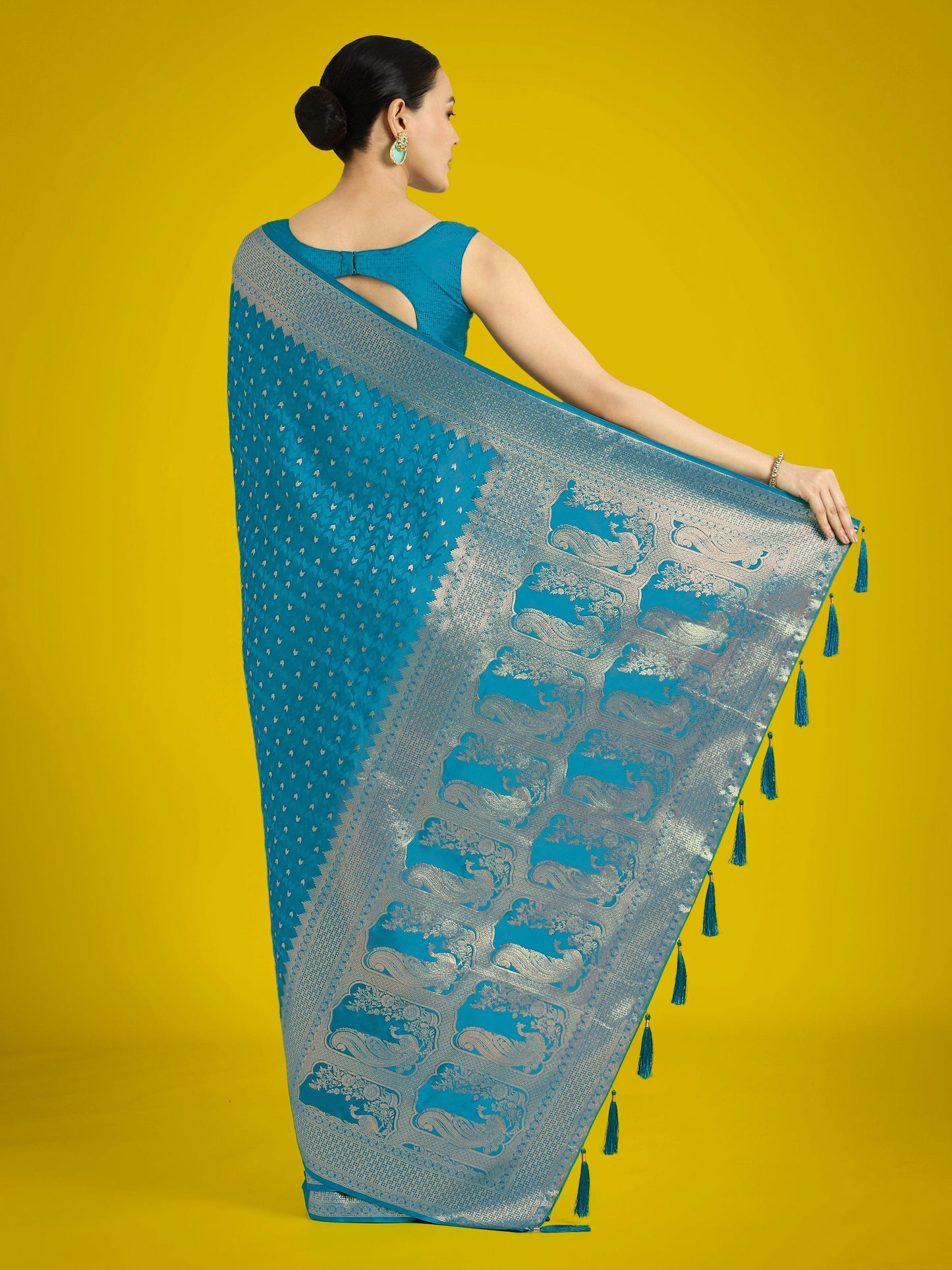 Monjolika Fashion Gorgeous Cyan blue Woven Banarasi Satin Designer Silk Saree