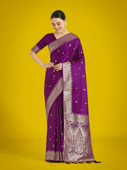 Monjolika Fashion Divine Purple Soft Banarasi Satin Silk Saree With Blouse Piece