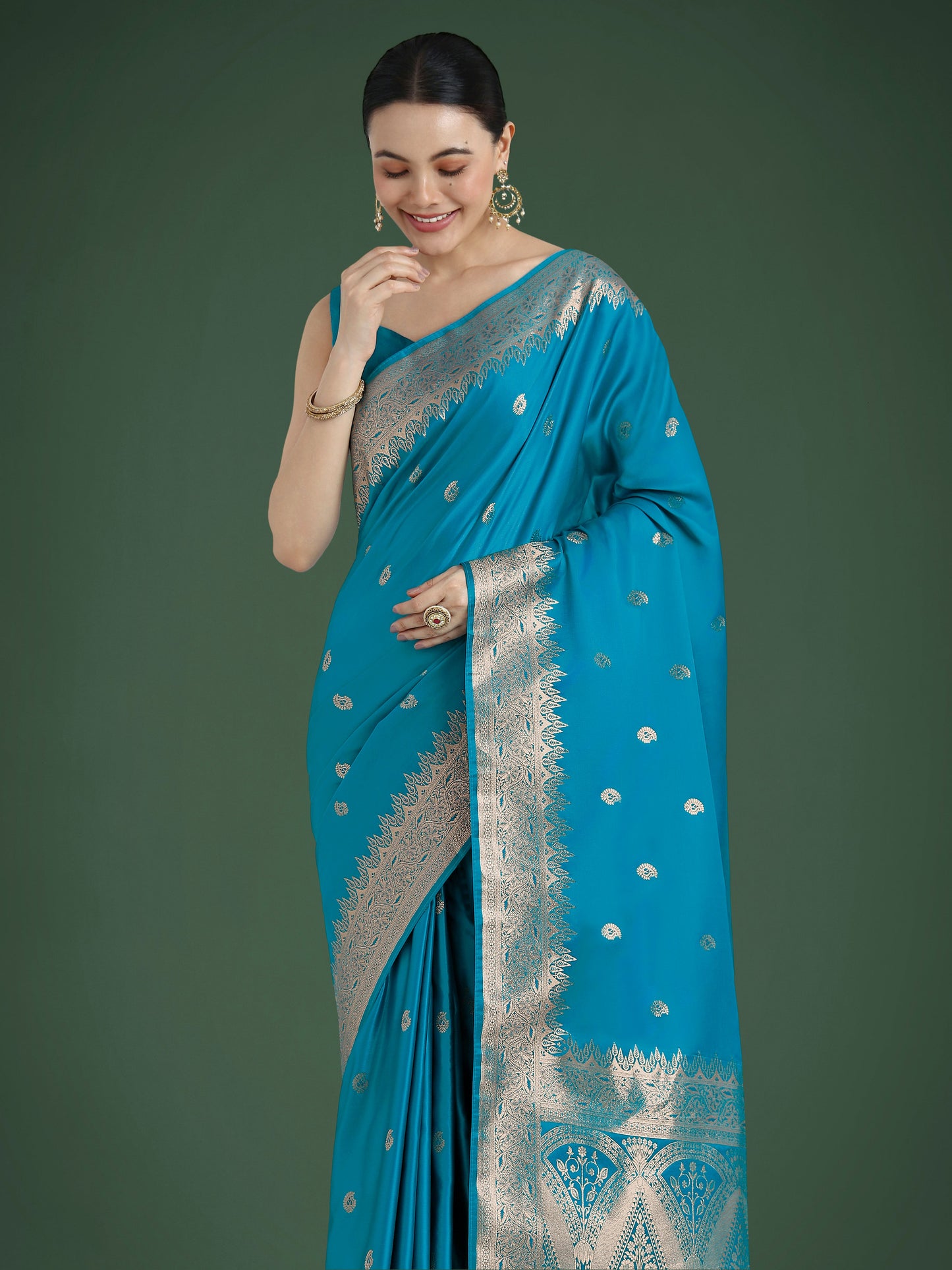Monjolika Fashion Divine Cyan blue Soft Banarasi Satin Silk Saree With Blouse Piece