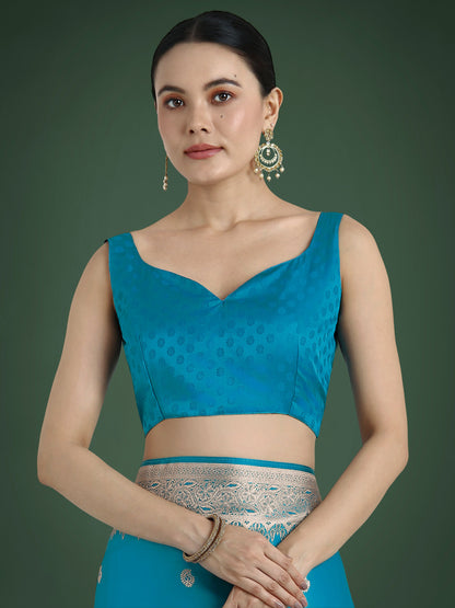 Monjolika Fashion Divine Cyan blue Soft Banarasi Satin Silk Saree With Blouse Piece