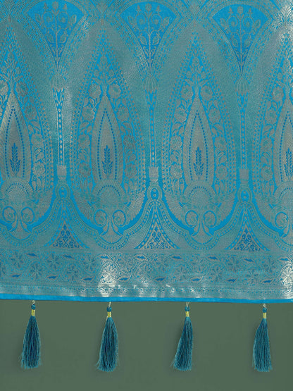 Monjolika Fashion Divine Cyan blue Soft Banarasi Satin Silk Saree With Blouse Piece