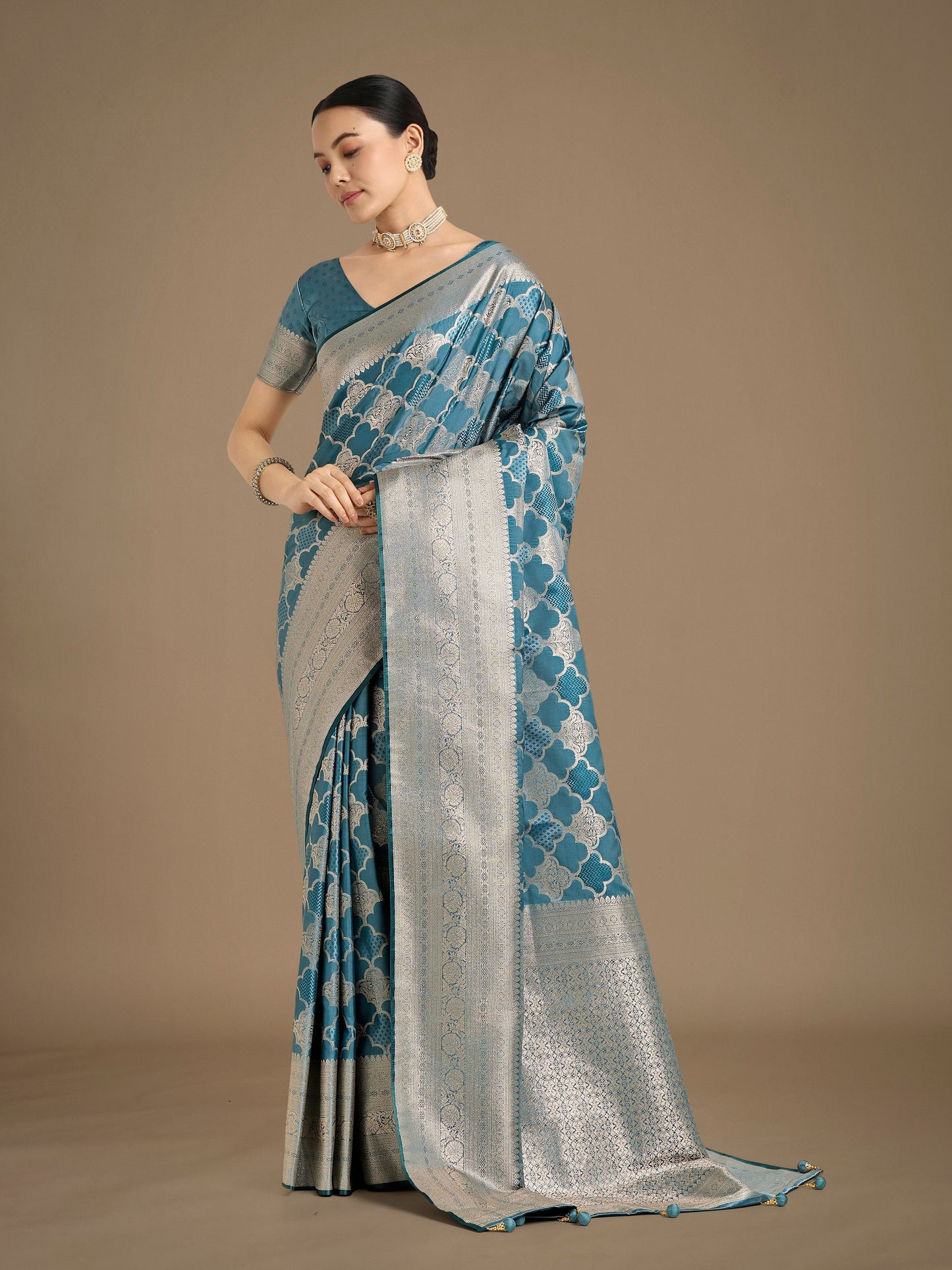 Monjolika Fashion Cyan blue Banarasi Satin Silk Saree with Rich Zari Woven Pallu & Blouse Piece