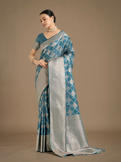 Monjolika Fashion Cyan blue Banarasi Satin Silk Saree with Rich Zari Woven Pallu & Blouse Piece